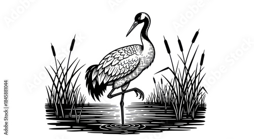 Elegant Crane Standing on One Leg in Water.