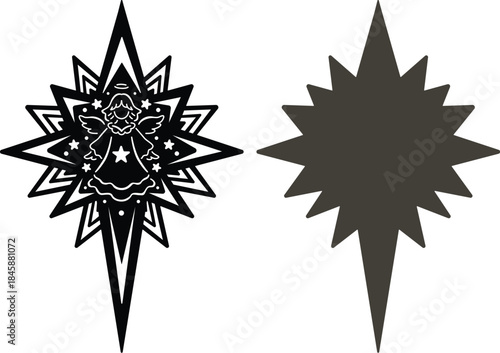 Christmas star  with flying angel and stars for Christmas tree decoration design element. Vector illustration.