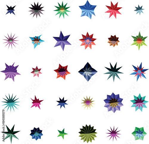 An extensive collection of varied multicolored faceted stars meticulously displayed on a pristine white background