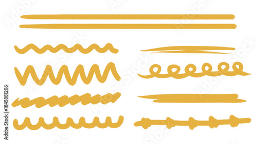 Transparent: Hand-drawn vector set of mustard yellow doodle lines and swirls on white background, horizontal and curved stroke illustrations for design element