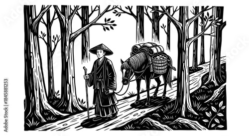 Traveler and donkey journey through a forest path.