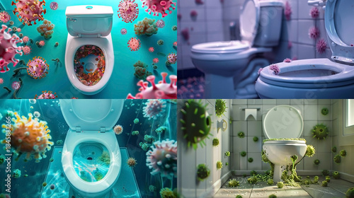 Collage of four images of restrooms full of germs and viruses. Stylized image of toilets with germs. Transmission of pathogens, illustration of germs. Pollution. Hygiene and healthcare concept