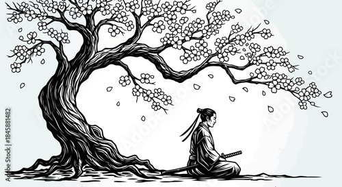 A person in traditional Japanese clothing sits peacefully under a blooming cherry blossom tree.