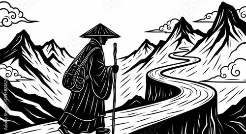 Monk walking on a path journeying towards the mountains seeking enlightenment.