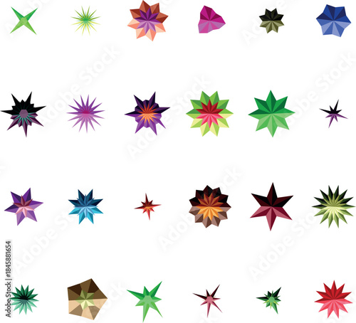 Numerous individual multicolored geometric stars with complex facets spread across a simple white field