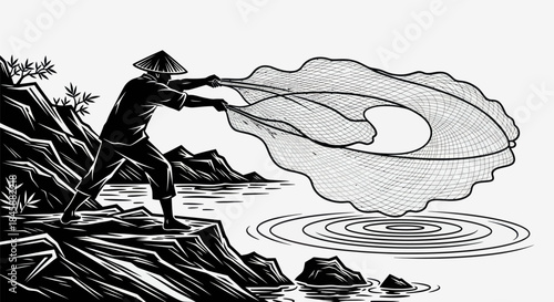 Fisherman casting a net with skill and precision.