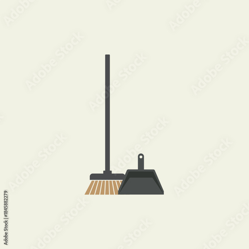 Cleaning broom and dustpan vector illustration icon in flat cartoon style isolated on beige background for housekeeping