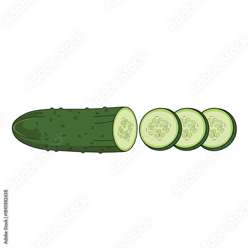 Fresh green cucumber vegetable partially sliced vector illustration icon in flat cartoon style isolated on white background