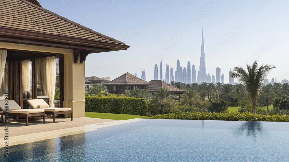 Obraz premium Luxury villa rooftop pool with lounge chairs and city skyline view, serene atmosphere