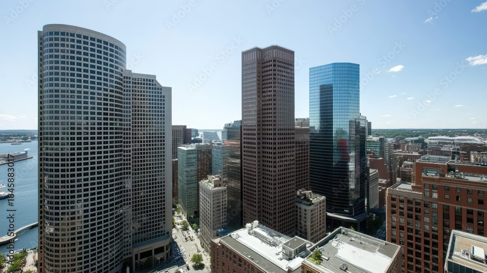 Obraz premium City skyline modern tower historic spire waterfront urban view bright daylight