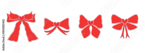 A set of hand-drawn red bows. Cute, flirty ribbon bows with hearts. Vector illustration.
