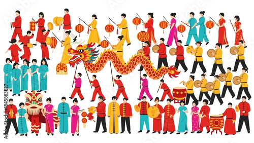 Colorful Chinese New Year Parade with Dragon and Traditional Costumes