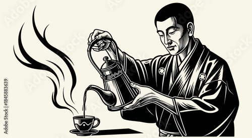 Japanese man in kimono pouring tea from a traditional teapot into a cup.