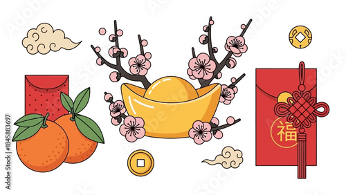 Chinese New Year symbols with oranges, gold ingot, and red envelopes