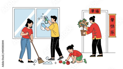 Family cleaning and decorating home for festive celebration