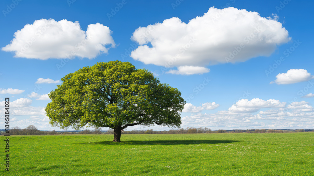 Fototapeta premium Lone oak tree casting shadow on green meadow under blue sky with fluffy cloud