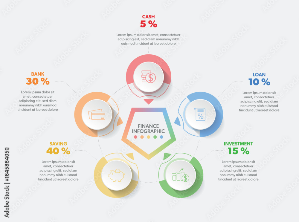 Naklejka premium Financial and Business infographic with 5 options or processes. Infographic with icons and text. Vector illustration.