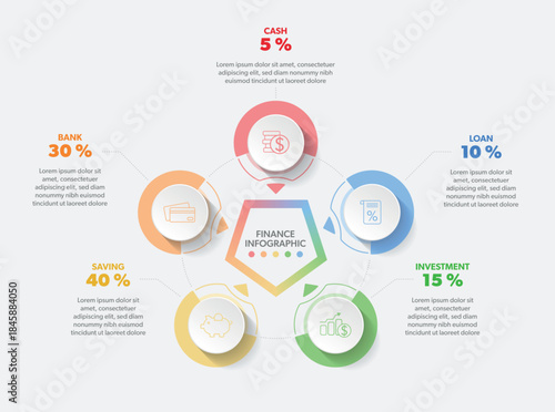 Financial and Business infographic with 5 options or processes. Infographic with icons and text. Vector illustration.