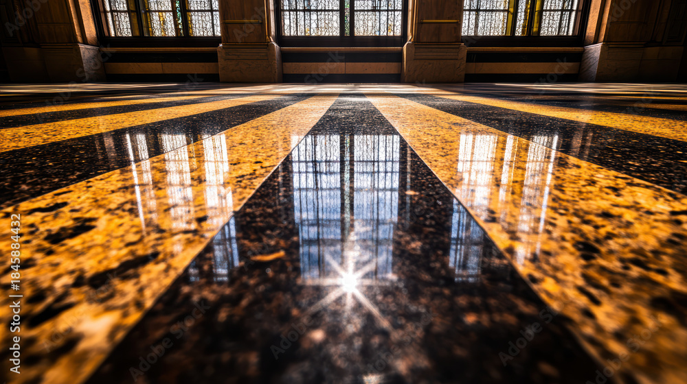 Naklejka premium Polished granite floor reflection pattern sunlight through stained window