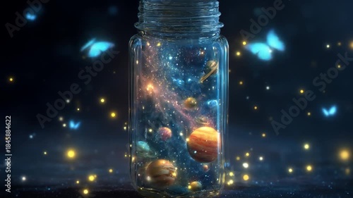 Cosmic display planets and nebula within a glass jar against dark backdrop