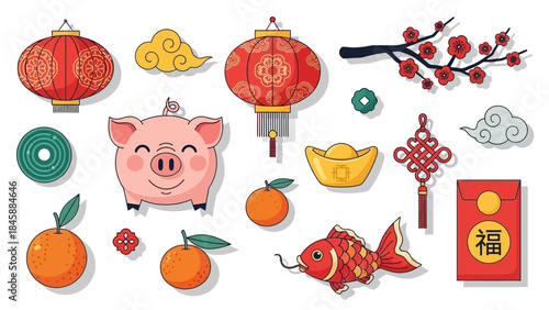 Chinese New Year Symbols with Lanterns, Pig, and Oranges
