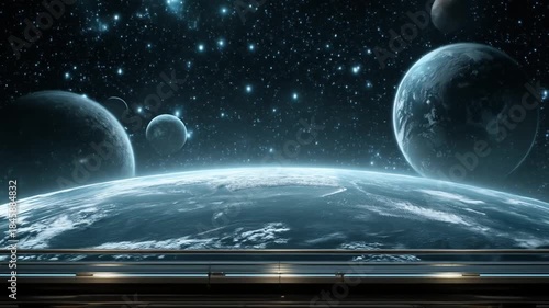 Cosmic view through a futuristic window with planets and stars