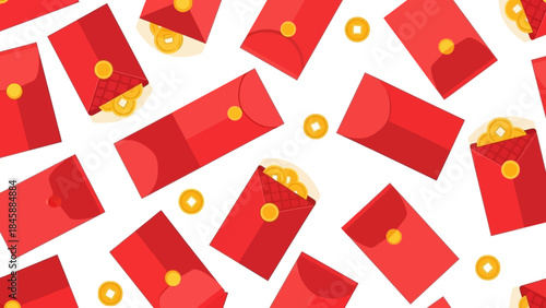 Seamless pattern of red envelopes with gold coins for festive celebrations