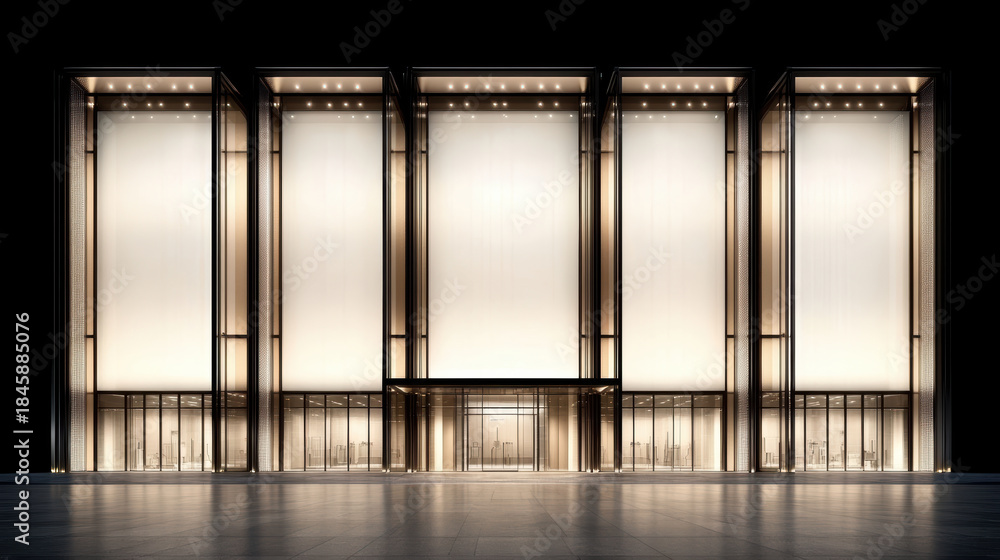 Naklejka premium Illuminated modern glass building facade at night with tall light panels and reflective plaza