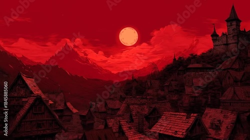 Dramatic red sky over silhouette landscape with building silhouettes