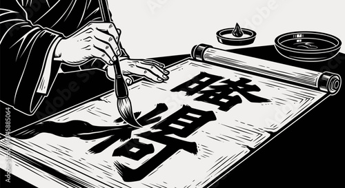 Calligraphy Master at Work: Ink Brush and Ancient Script.