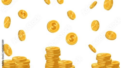 Golden coins falling and stacking on white background illustration