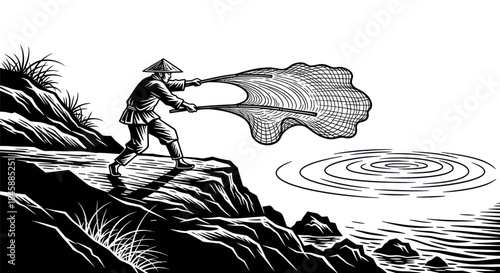 Fisherman casting net into water from rocky bank.