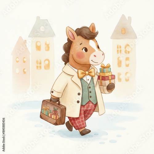 Cartoon horse carrying gifts in winter city scene for New Year, Christmas  