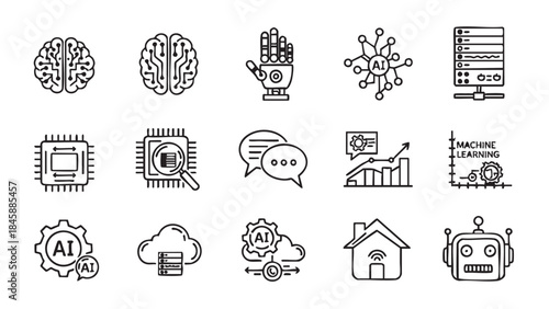 Minimalist technology and artificial intelligence icons set for digital concepts