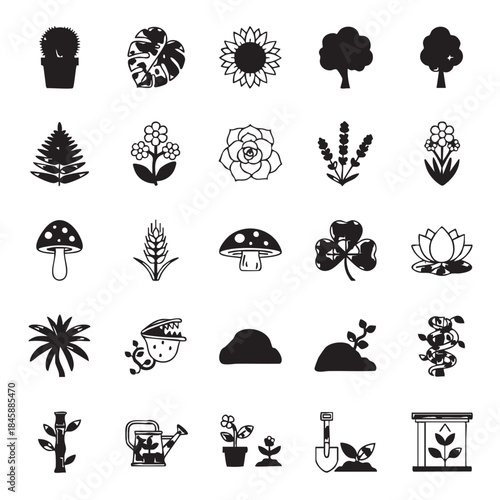 Minimalist black plant and garden icon set for design