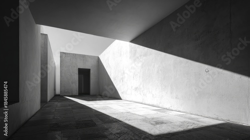 Minimalist Concrete Courtyard Corridor with Diagonal Sunlight and Shadow, Black and White. AI generative