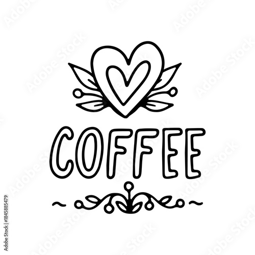 Rustic hygge hand lettering coffee with heart ornament doodle icon vector illustration