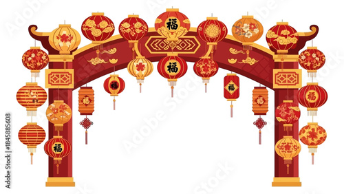 Traditional Chinese Lantern Arch with Ornate Red and Gold Decorations