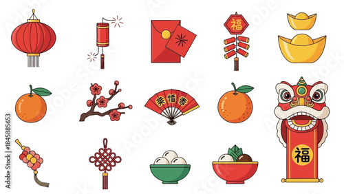 Traditional Chinese New Year Symbols and Decorations Vector Set