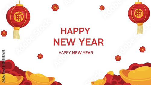 Chinese New Year celebration with lanterns and gold ingots illustration