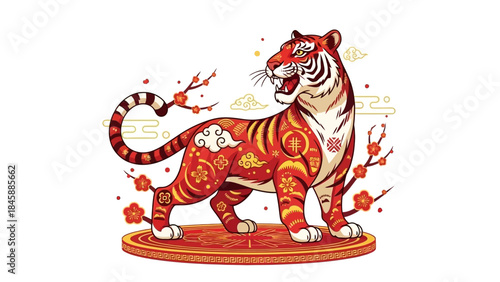 Colorful Chinese Zodiac Tiger Illustration with Floral Patterns
