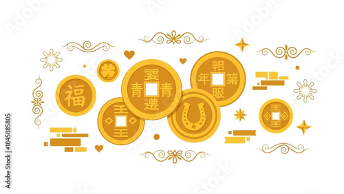 Traditional Chinese Coins with Decorative Elements on White Background