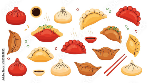 Colorful assortment of various dumplings with sauces and chopsticks