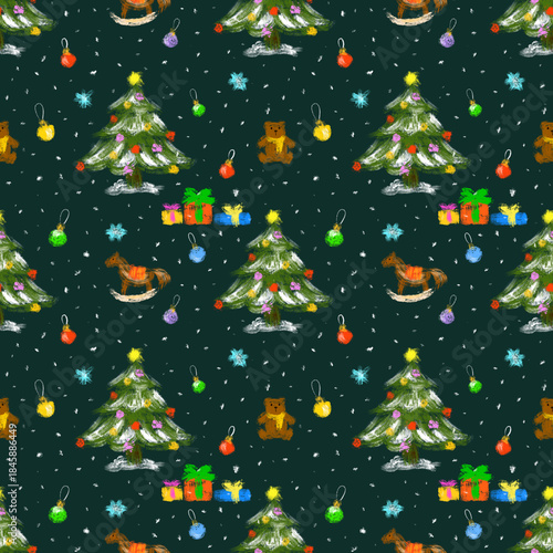 Seamless pattern with festive elements. New Year. Fir tree, Christmas tree decorations, gift boxes, presents, bear, horse and toys on a dark background. For packaging, wallpaper, decor, fabric