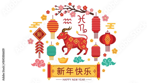 Chinese New Year Ox and Lanterns Illustration with Festive Symbols