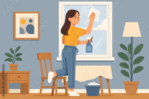 A young woman washes a window with a cloth, illustrating household chores, home cleaning, and domestic work.