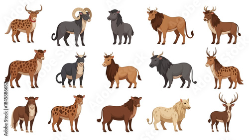 Collection of Cartoon Wild Animals on White Background