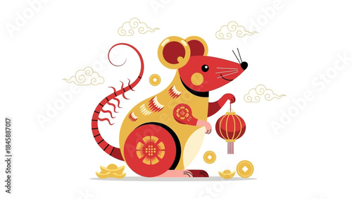 Festive Rat Holding Lantern in Traditional Chinese Style Illustration