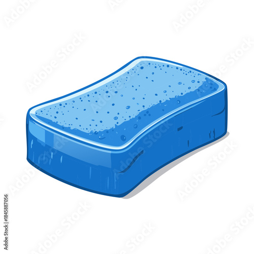 Blue porous sponge item for washing, cleaning or scrubbing bathroom and kitchen surfaces - hygiene and home cartoon concept