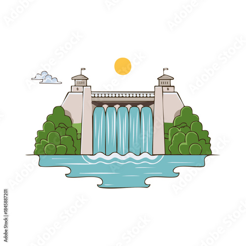 Hand Drawn Dam Illustration with Flowing Water for Energy and Water Management under a Bright Sun, Generating Power